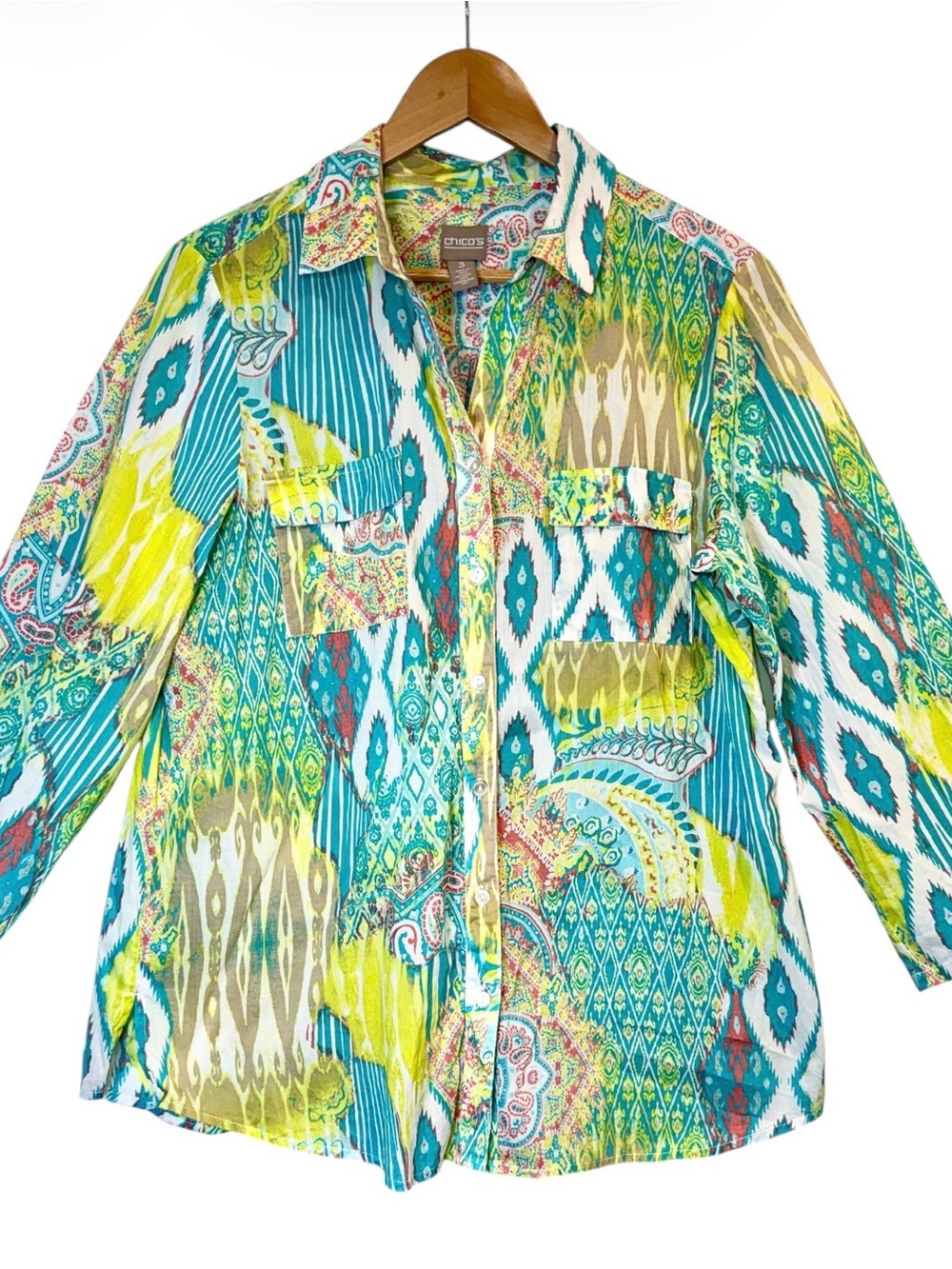 Chicos 3 Shirt Womens XL Ikat Colorful Button-Up Casual Top 100% Cotton